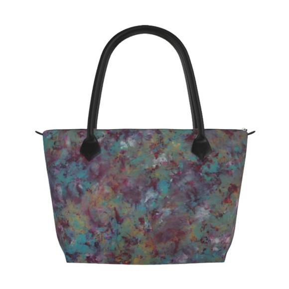 AyaAi Art Handbags - Canvas Art Tote Bag – Abstract Painting in Teal, Plum & Gold with Dust Bag